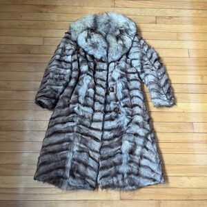 Vintage Grey Beige Striped Fur Longline Coat Oversized Shawl Collar Women Medium